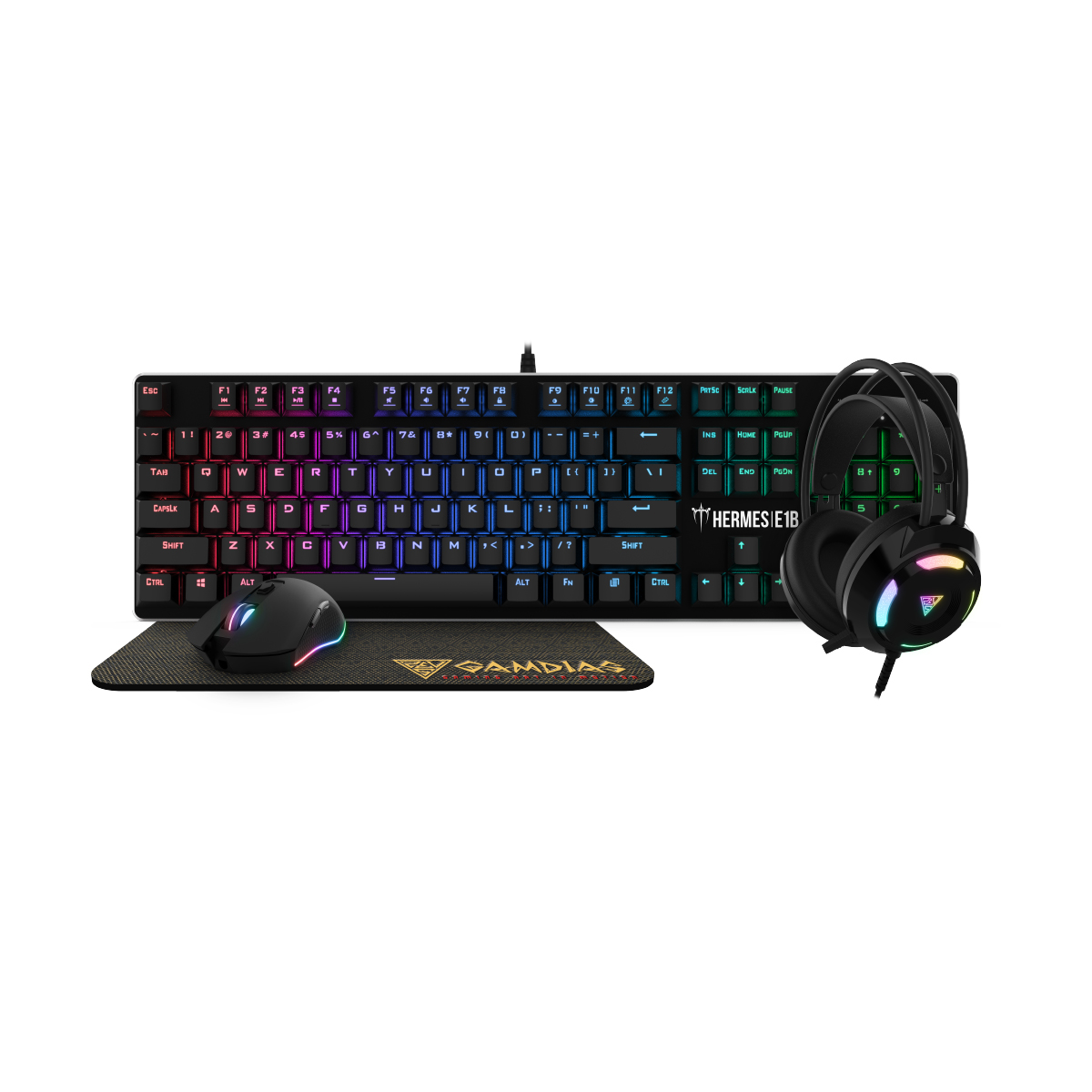 KIT TECLADO Y MOUSE GAMDIAS GD-HERMES E1B RGB TECLADO MOUSE MOUSE PAD AUDIFONOS BLUE SWITCH - Código: GD-HERMES E1B | Compra en Guadalajara
