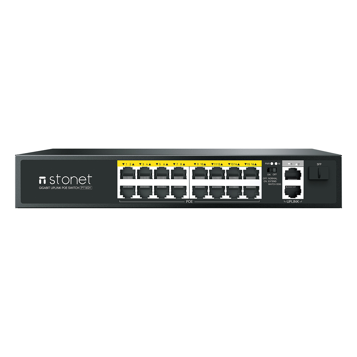 SWITCH NETIS P116GH 16 PUERTOS POE 10/100MBPS 2 PUERTO UPLINK 200W 9.2 GBPS NO ADMINISTRABLE - Manhattan